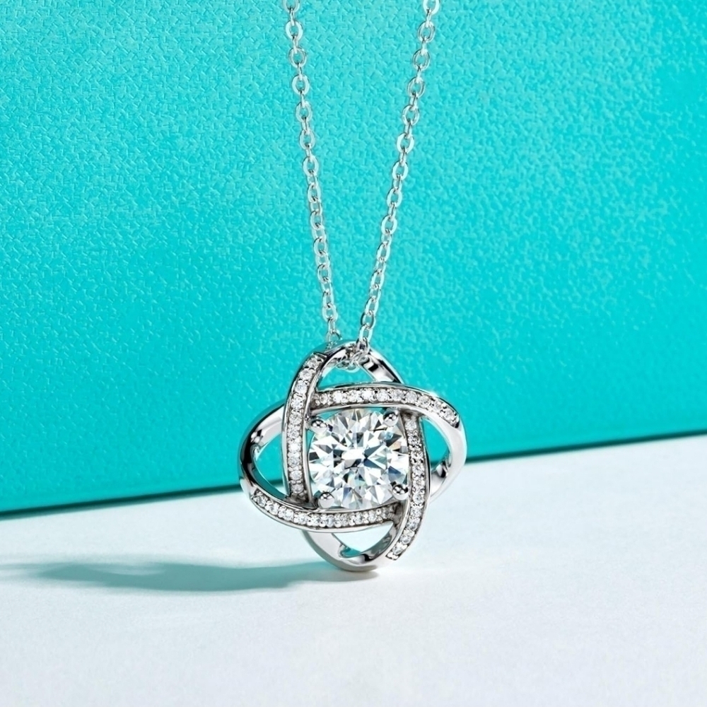Certified 14K White Gold 3CT Love Knot Necklace S925 Sterling Silver Moissanite